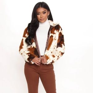Fashion Nova Cow Print Bomber Jacket